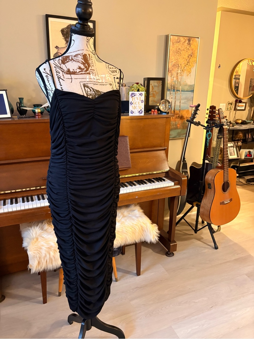 Fashion Nova Black Ruched Spaghetti Strap Midi Dress with Sweetheart Neckline